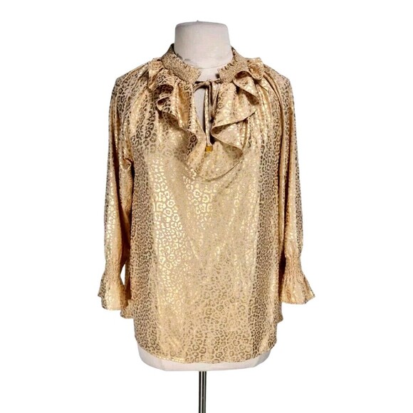 MICHAEL KOR Women Ruffle Tunic Top Size M Gold Metallic Long Sleeve 111A - Picture 1 of 7